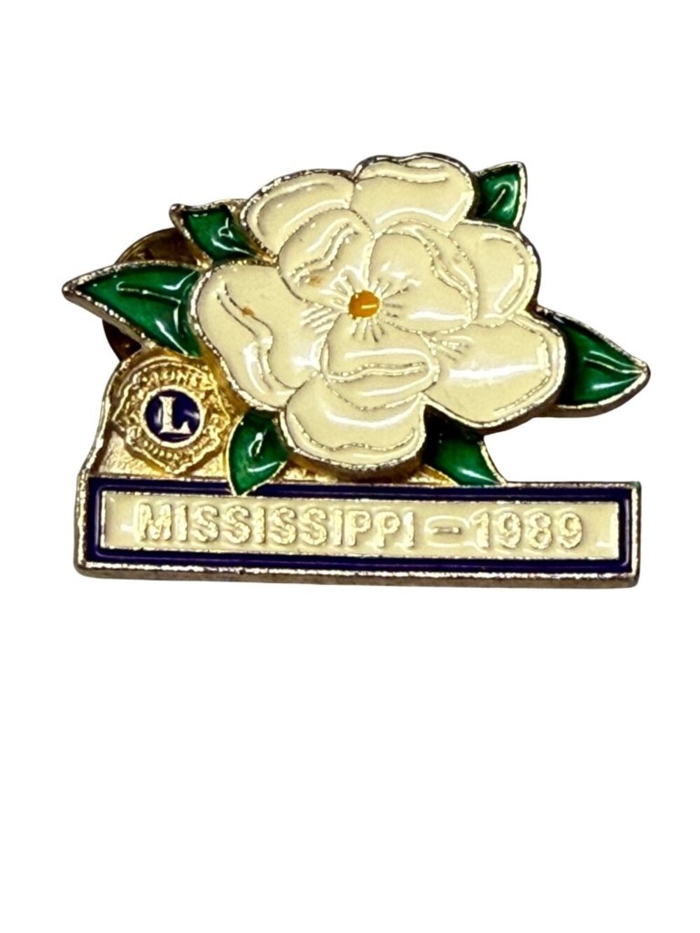 Mississippi 1989 Lions Club Enamel Pin Magnolia Flower Design Vintage Tie Tack
